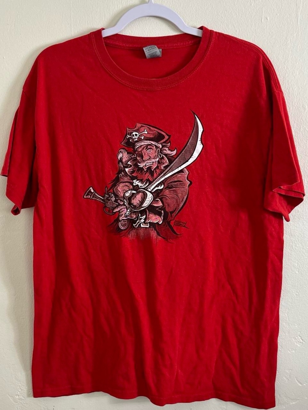 Gildan Red Short Sleeve Tee with Pirate Sword Graphic